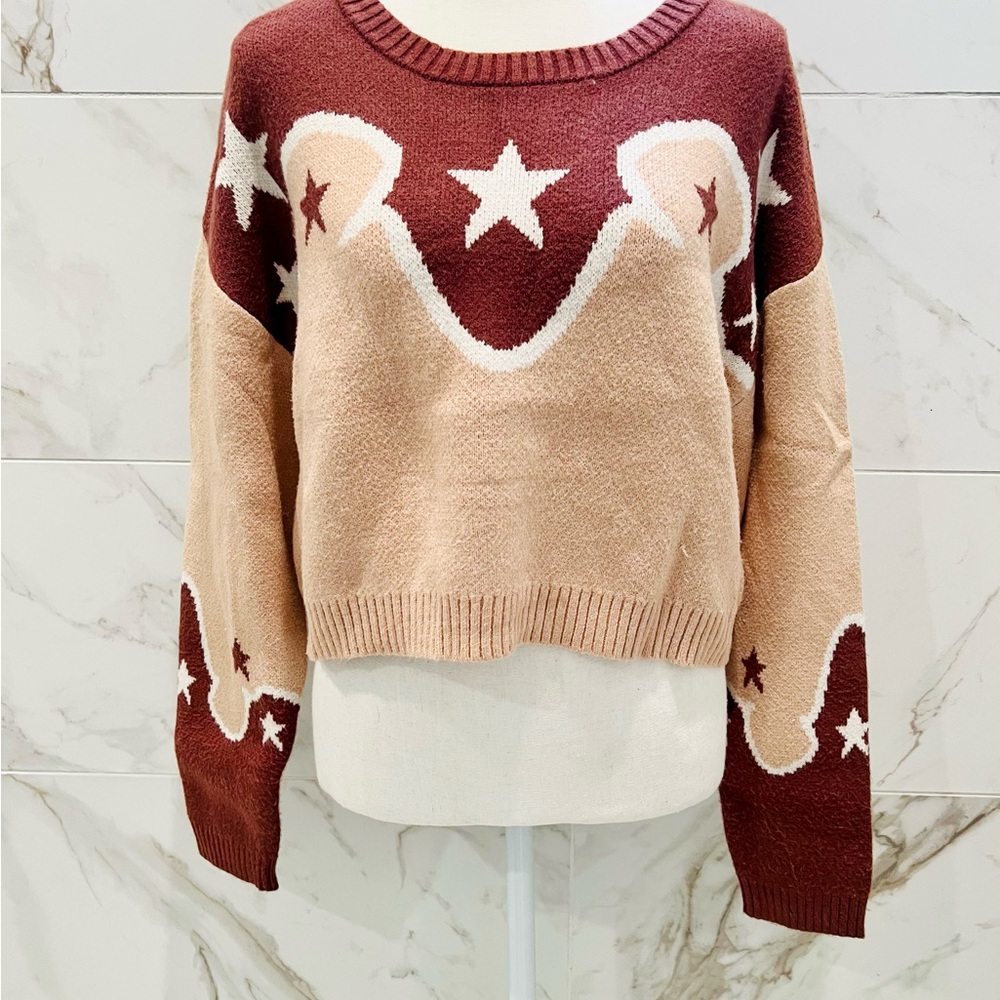 Starry Knit Sweater - Burgundy and Tan